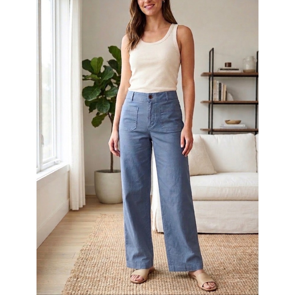 J.Crew Lizzie Pant Blue Wide Leg Cotton Linen Blend Petite 31P High Rise Pockets